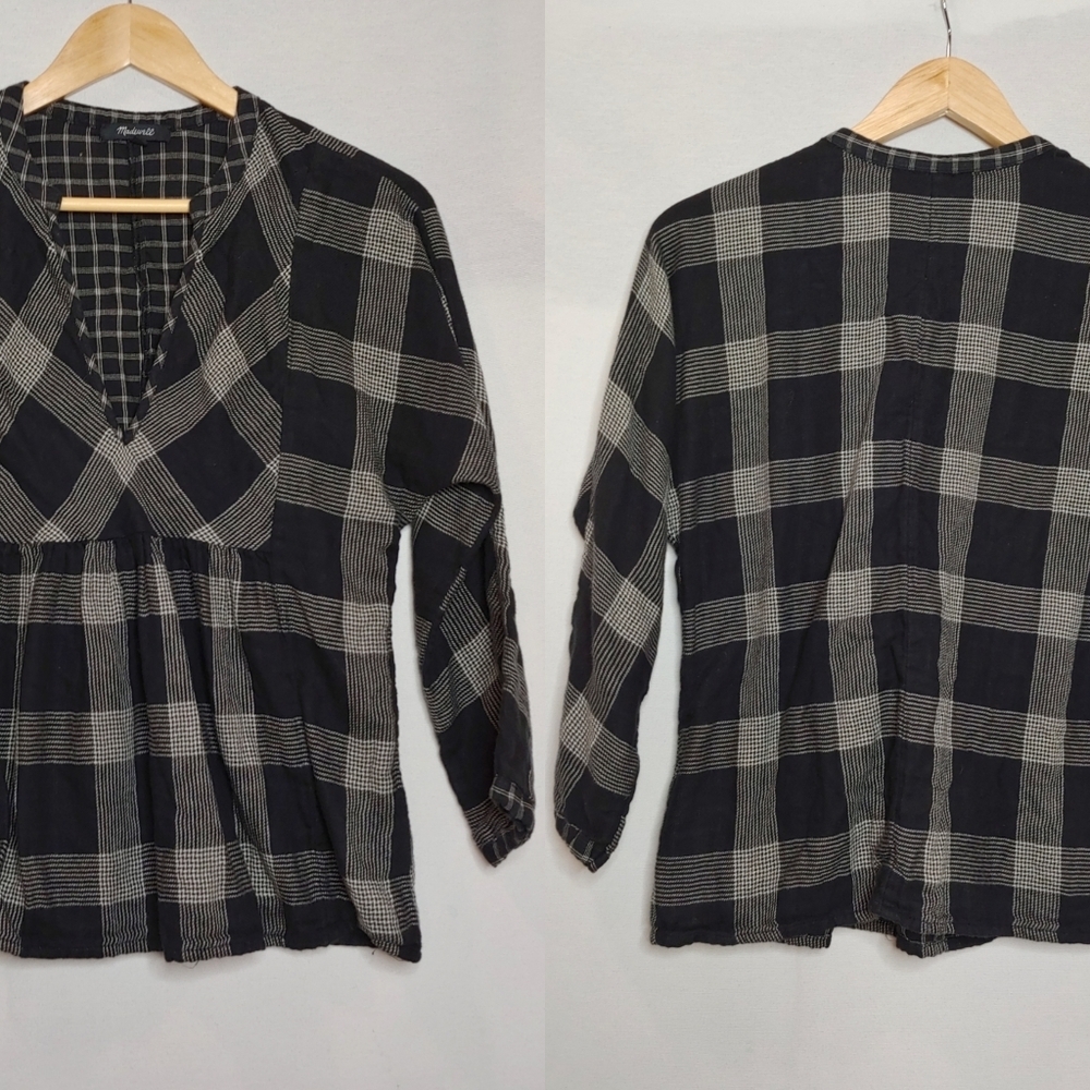 Madewell Boheme Popover Shirt Hayden Plaid Black White Windowpane F9046 XS